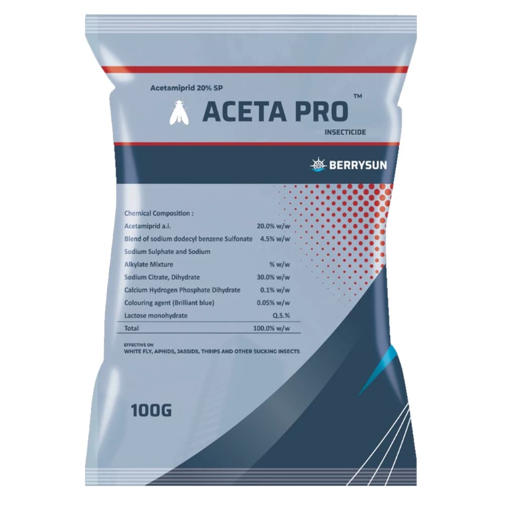 Berrysun ACETA PRO Acetamiprid 20% SP Insecticide, Dual Action, Protect Crops Against Aphids, Jassids, Whiteflies And Fungal Attacks