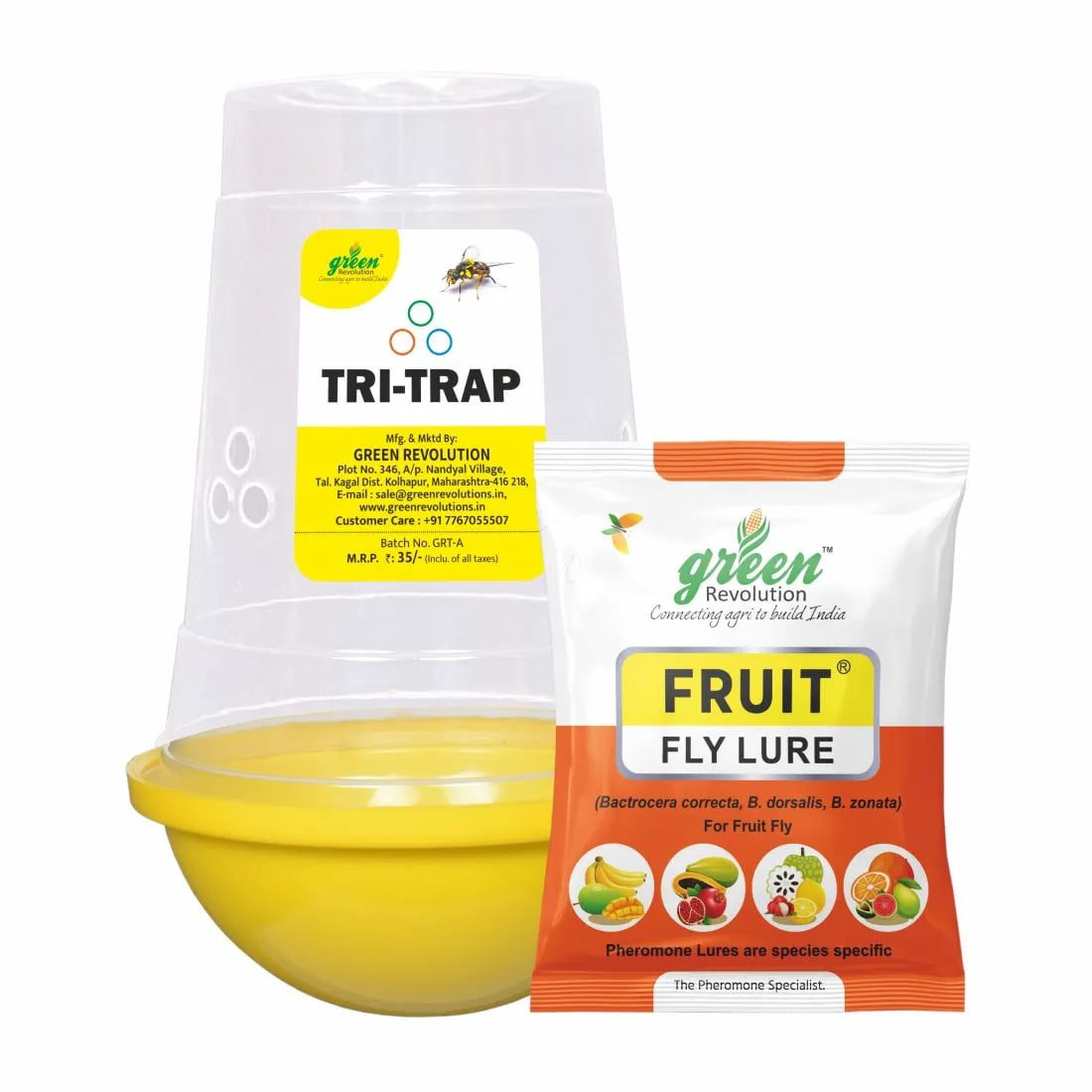 Green Revolution TRI Trap And Fruit Fly Lure (Bactrocera Correcta, Bactrocera Zonata, Bactrocera Dorsalisa), Economically Affordable, Easy To Install