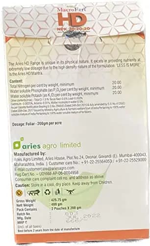 Aries Macrofert HD NPK 20:20:20 Highly Efficient at Lower Dosages, Multi-Purpose Fertilizer Can be Used In All Crops, Vegetables, Kitchen Gardens, etc - Image 2