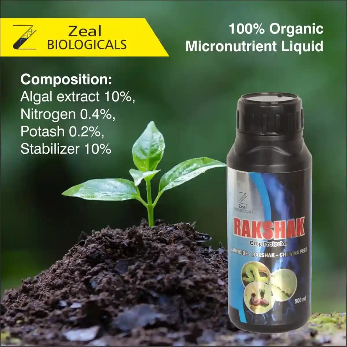 Zeal Biological Rakshak Crop Protector Larvicide, Enhances Plant Immunity & Prevents Diseases Such As Stem Rot, Root Rot, Etc - Image 1