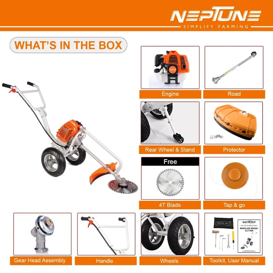 Neptune BC-520W Hand Push Brush Cutter 43CC With Wheel, Advanced Technology, 2800 RPM, 2 Stroke Petrol Engine Grass Trimmer, Ideal For Agriculture - Image 4