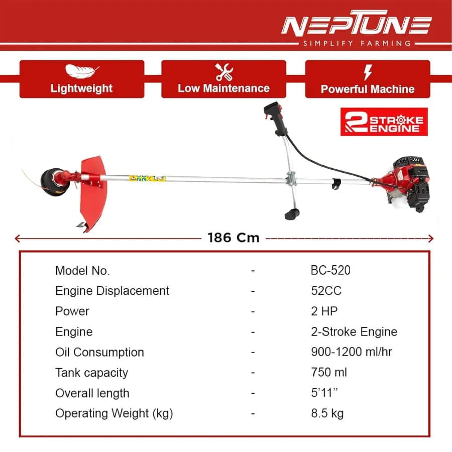 Neptune BC-520 Brush Cutter 2 Stroke 52CC Petrol Engine, Advanced Technology Grass Trimmer, Heavy Duty Crop Cutter, 40T, 2T, Tap And Go Blades - Image 6
