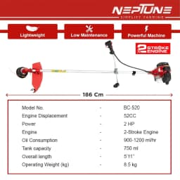 Neptune BC-520 Brush Cutter 2 Stroke 52CC Petrol Engine, Advanced Technology Grass Trimmer, Heavy Duty Crop Cutter, 40T, 2T, Tap And Go Blades 6
