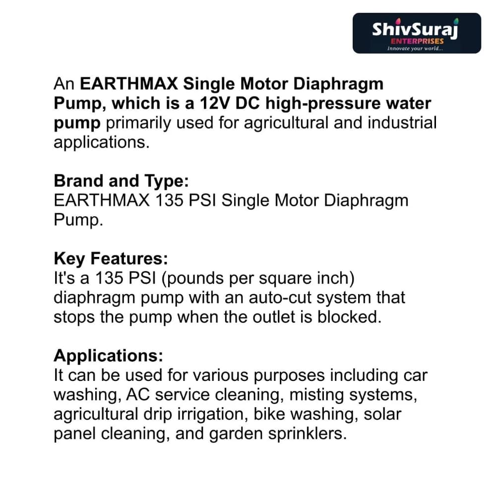 ShivSuraj EarthMax 135 PSI 12V DC Diaphragm Single Motor, Battery Operated, Heavy Duty, Use For Agriculture And Gardening, Car, Bike Washing - Image 3