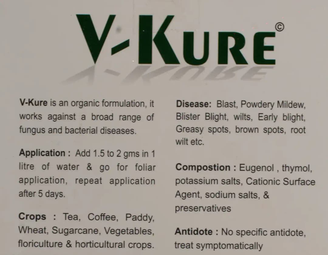 V Kure Bactericide & Fungicide Special, 100 % organic , Combination Of Eugenol, Thymol, potassium salts, cationic surface agent, sodium salts. - Image 3