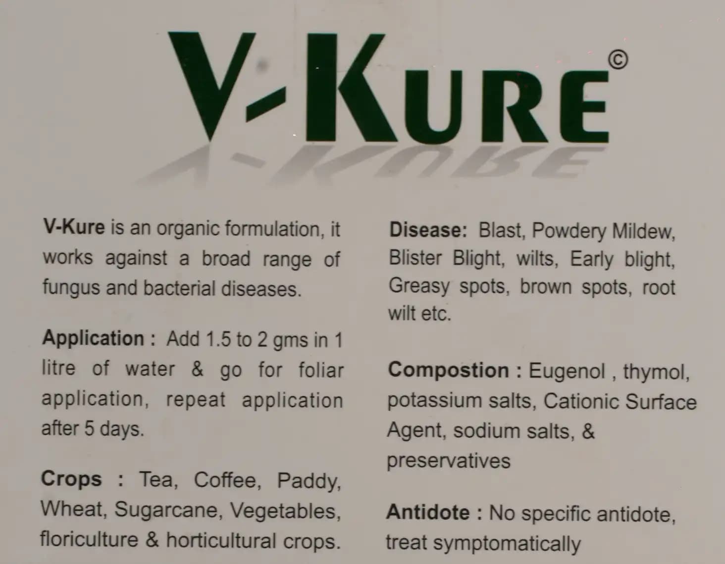 V Kure Bactericide & Fungicide Special, 100 % organic , Combination Of Eugenol, Thymol, potassium salts, cationic surface agent, sodium salts. - Image 3